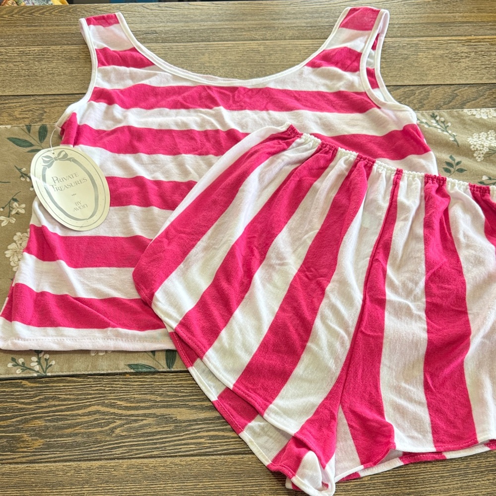 VTG Avon Private Treasures Hot Pink Striped Pajama Set M/L Retro New With Tags‎